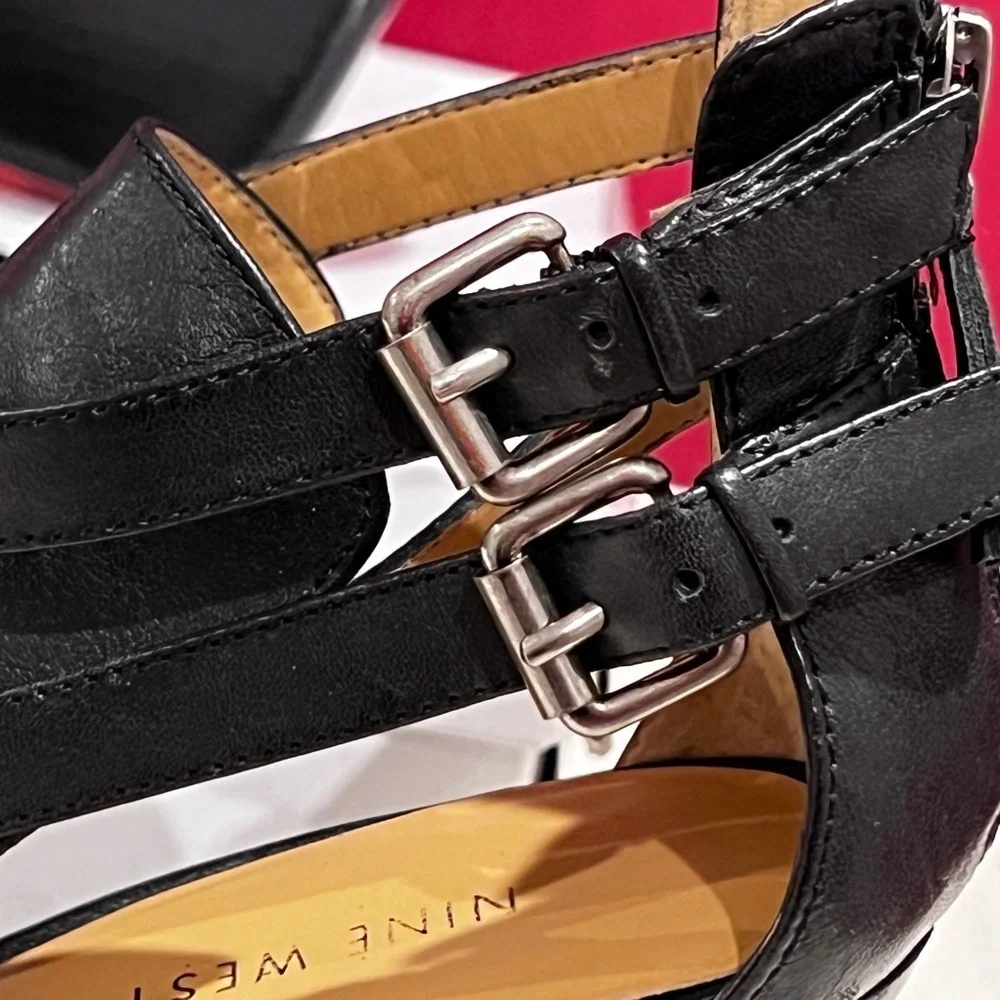 Nine West Black Strappy Wedge Heels